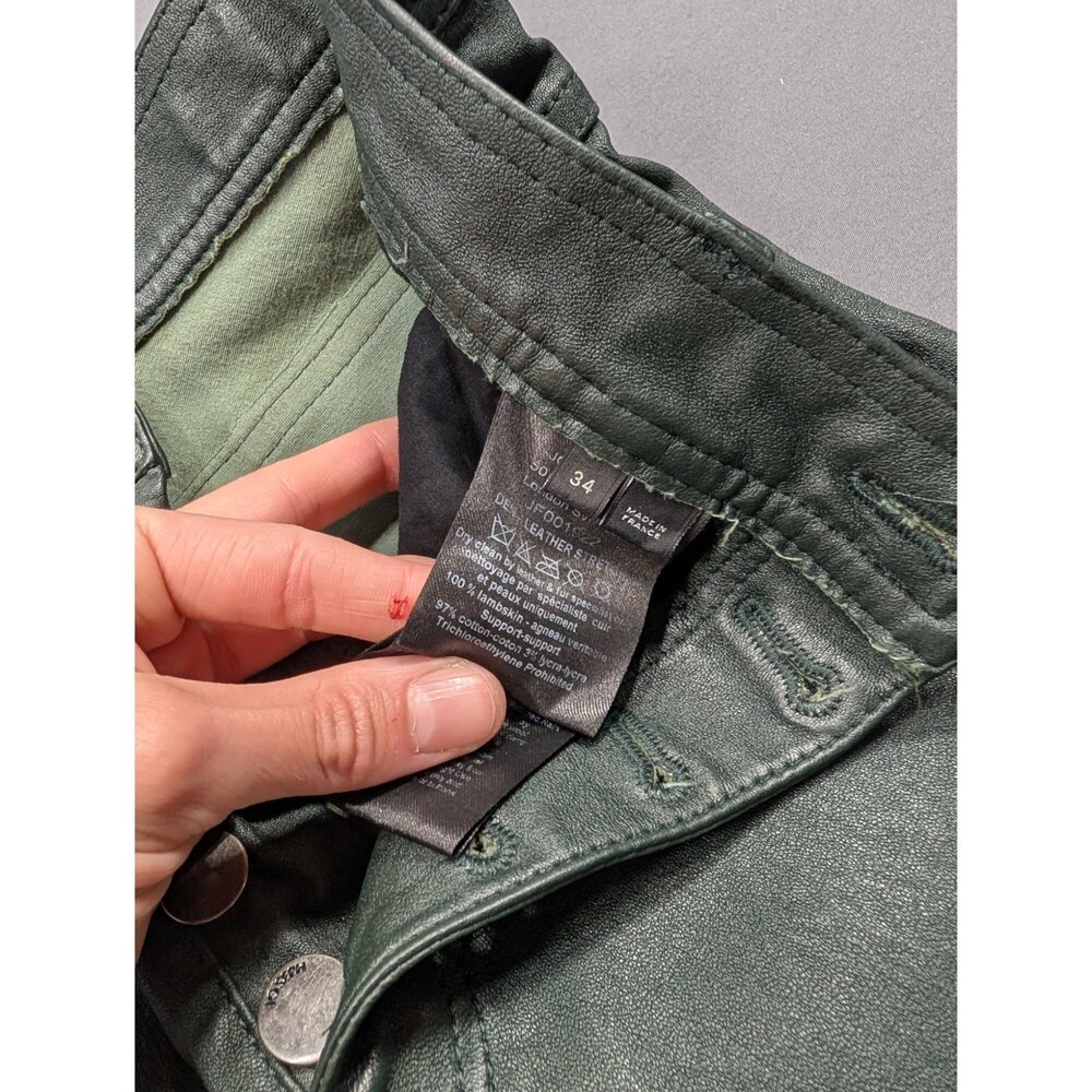 Joseph London Lambskin Leather Pants Green Slim 5-Pocket Size 34